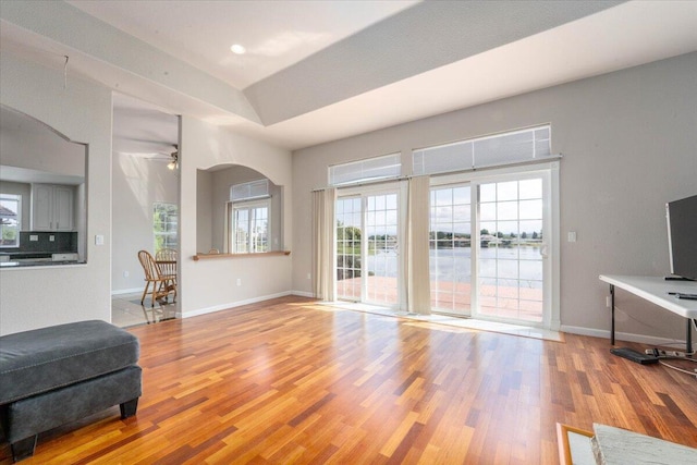 sitting room featuring light hardwood / wood-style flooring and ceiling fan