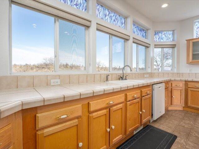 kitchen with white dishwasher, decorative backsplash, sink, and tile countertops