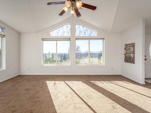 unfurnished living room featuring carpet flooring, ceiling fan, a wealth of natural light, and vaulted ceiling