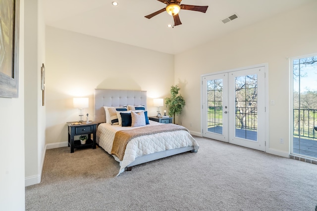 carpeted bedroom with ceiling fan, access to outside, and french doors