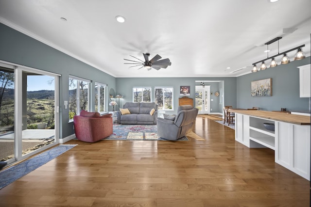 living room featuring ceiling fan, dark wood-type flooring, and crown molding