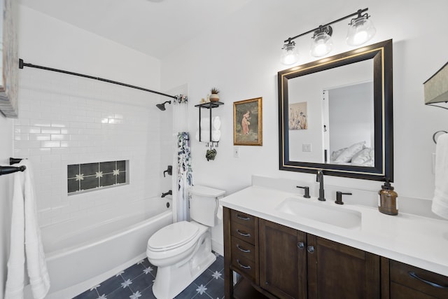 full bathroom with toilet, vanity, and shower / bathtub combination with curtain