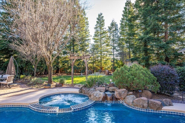 view of swimming pool with a pergola and an in ground hot tub