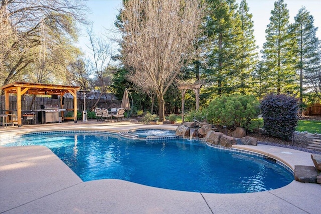 view of swimming pool featuring a pergola, an in ground hot tub, and a patio