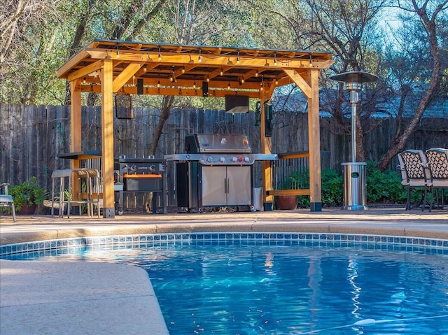 view of pool with an outdoor bar and area for grilling