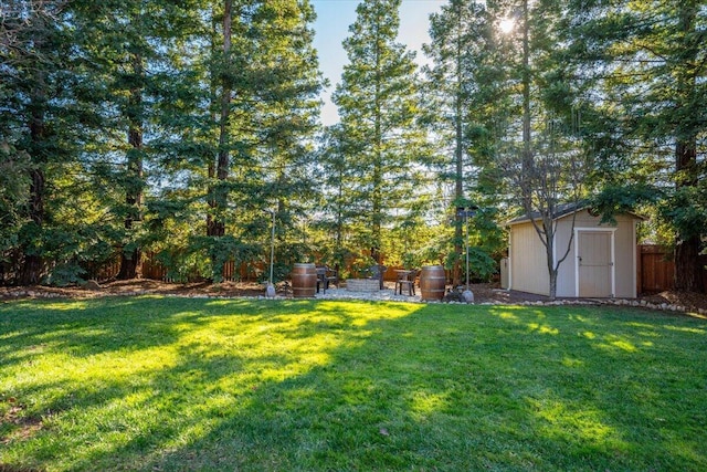 view of yard featuring a storage shed