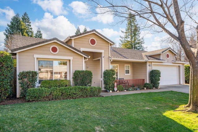 view of front property with covered porch, a front lawn, and a garage