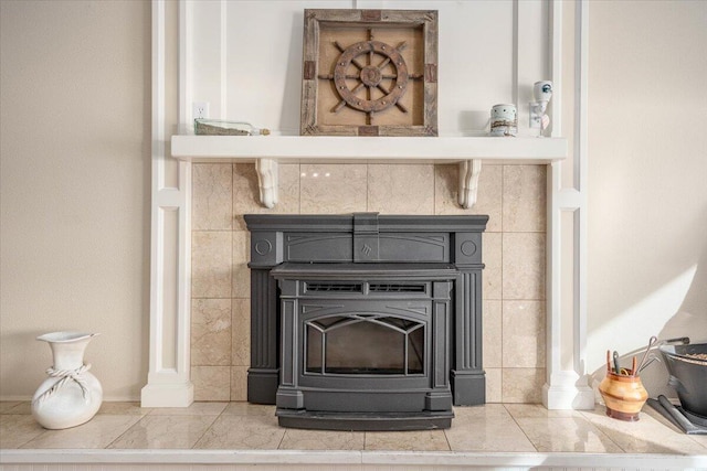 room details featuring a wood stove