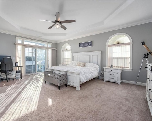 carpeted bedroom featuring ceiling fan, crown molding, and a raised ceiling