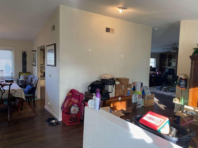 living room featuring lofted ceiling, dark hardwood / wood-style floors, and plenty of natural light