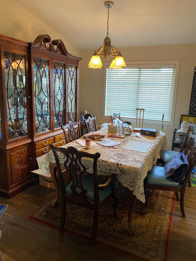 dining room with lofted ceiling and dark wood-type flooring