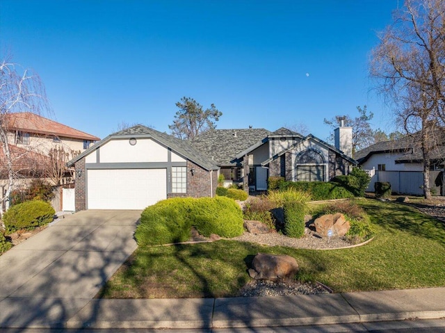 english style home featuring a garage and a front lawn