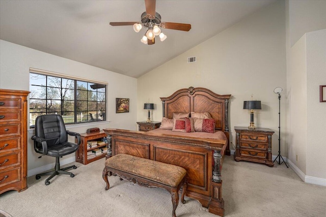 carpeted bedroom with ceiling fan and lofted ceiling