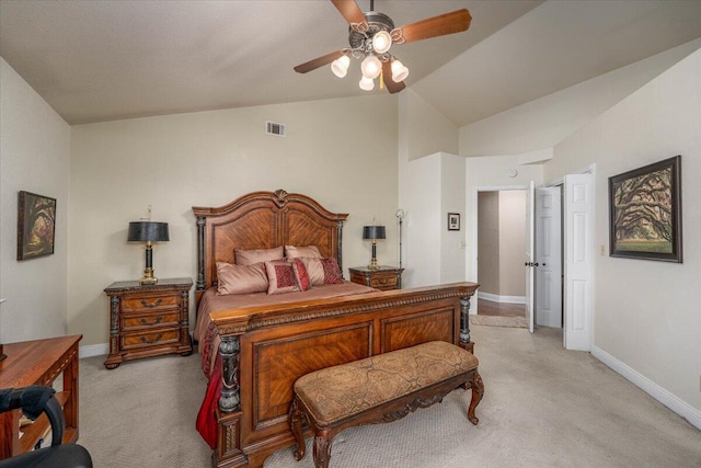 carpeted bedroom featuring ceiling fan and lofted ceiling