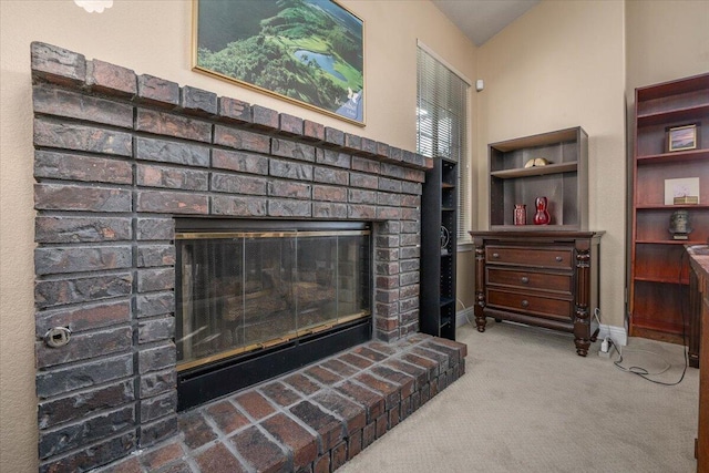 details featuring carpet floors and a brick fireplace