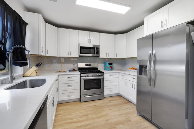 kitchen with sink, appliances with stainless steel finishes, white cabinets, light hardwood / wood-style floors, and backsplash