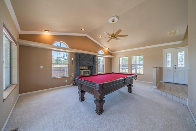 recreation room featuring a wealth of natural light, ornamental molding, and pool table