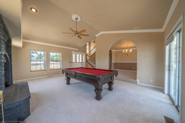 recreation room featuring light carpet, crown molding, lofted ceiling, and billiards