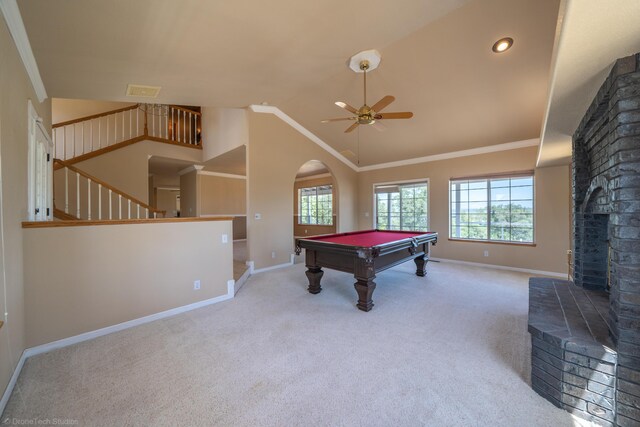 rec room with light carpet, ceiling fan, crown molding, lofted ceiling, and pool table