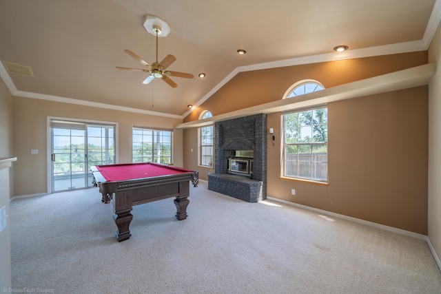 recreation room with ceiling fan, pool table, lofted ceiling, a fireplace, and ornamental molding