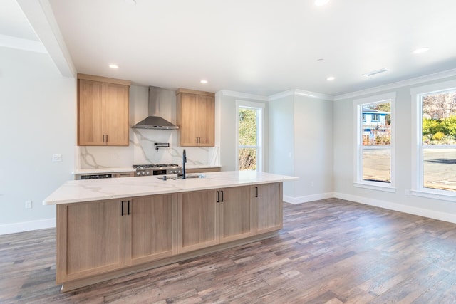 kitchen featuring sink, a center island with sink, wall chimney exhaust hood, and a healthy amount of sunlight