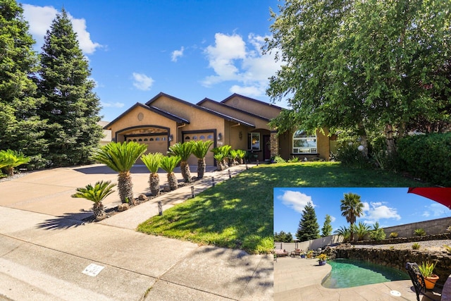 view of front of house with a front lawn and a garage