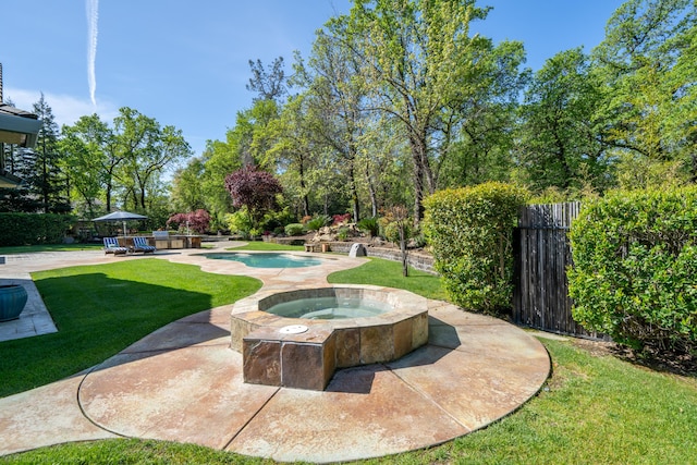 surrounding community with a yard, a patio, and a pool with hot tub