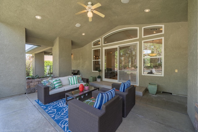 view of patio with ceiling fan and an outdoor hangout area