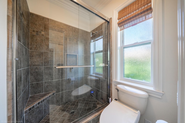 bathroom featuring toilet and a shower with door