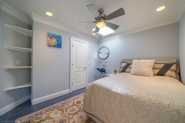 tiled bedroom featuring ceiling fan and crown molding