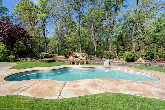 view of pool featuring a lawn