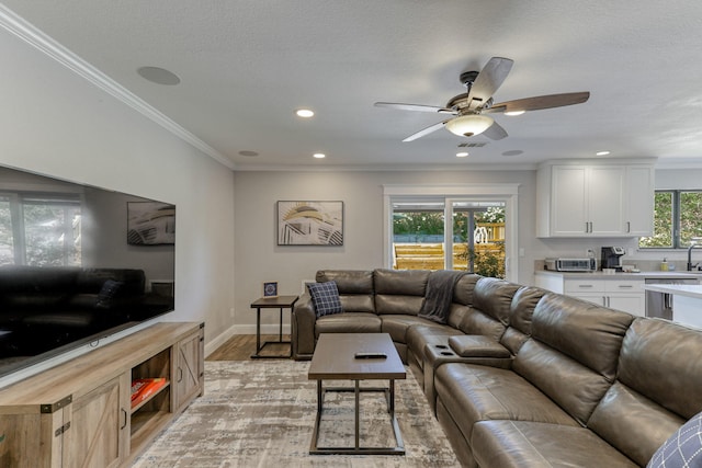 living room with light wood-type flooring, ceiling fan, ornamental molding, and a textured ceiling