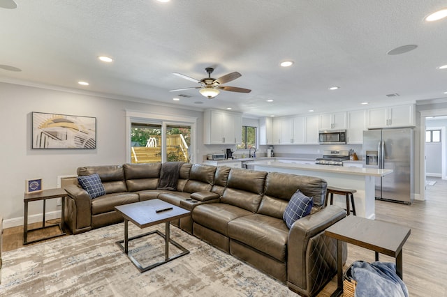 living room featuring ceiling fan, a textured ceiling, ornamental molding, and light hardwood / wood-style floors