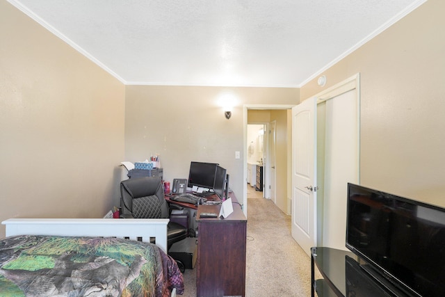 bedroom with light colored carpet and crown molding