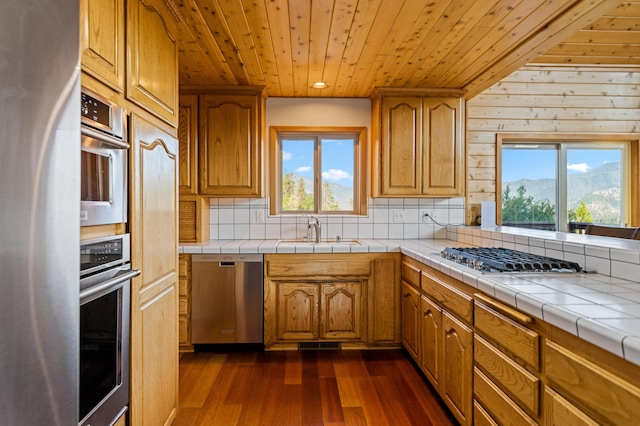 kitchen featuring stainless steel appliances, sink, wooden ceiling, a mountain view, and tile counters