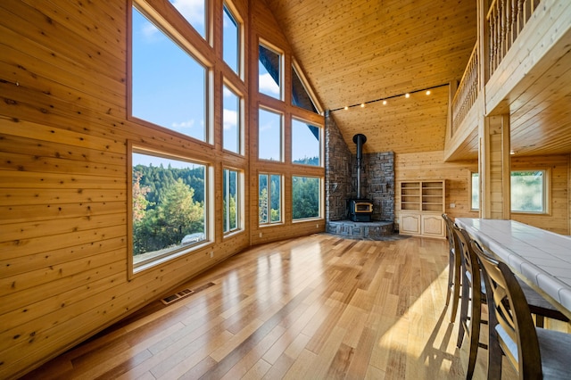 unfurnished living room with a wood stove, wooden walls, high vaulted ceiling, and wooden ceiling