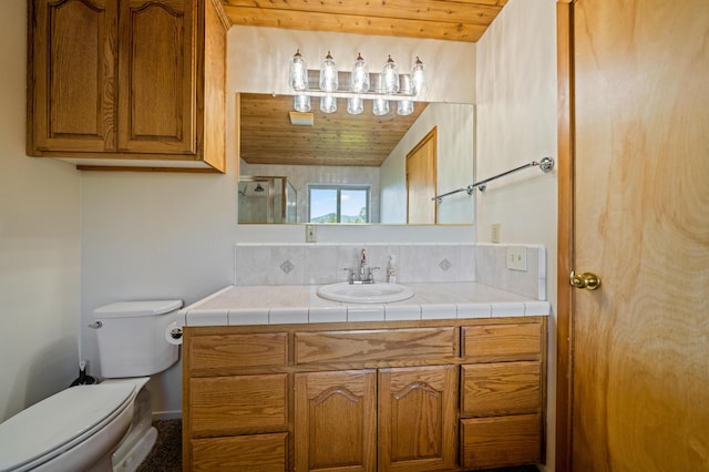 bathroom with tasteful backsplash, vanity, wooden ceiling, and toilet