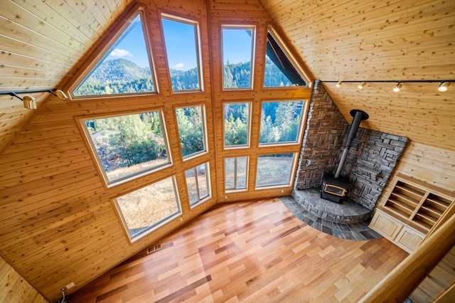 living room featuring a wood stove, a mountain view, hardwood / wood-style floors, track lighting, and wood ceiling