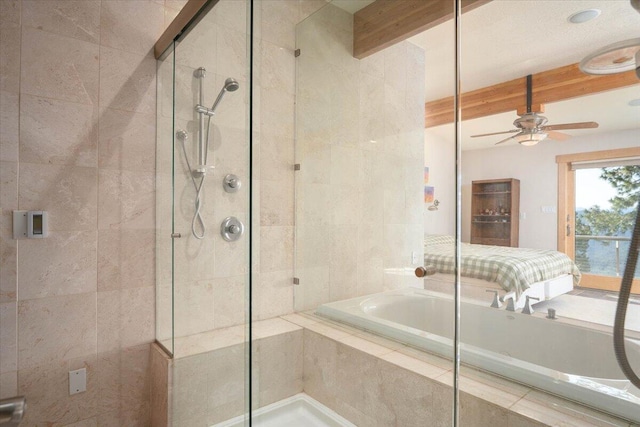 bathroom with plus walk in shower, beam ceiling, and ceiling fan