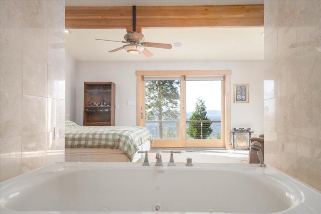 interior space featuring beam ceiling and ceiling fan