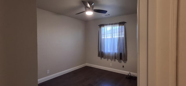 empty room featuring ceiling fan and dark hardwood / wood-style flooring