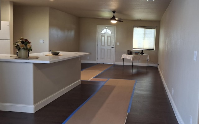 foyer entrance with ceiling fan and dark hardwood / wood-style floors