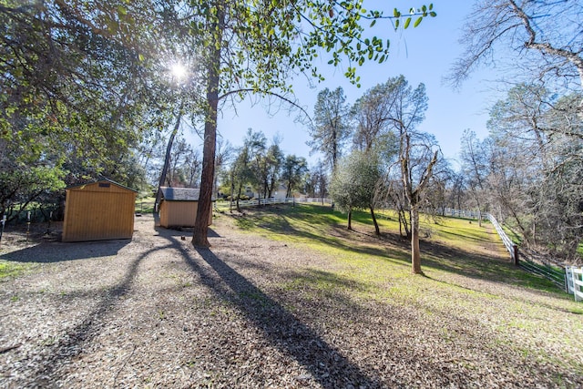 view of yard featuring a storage shed