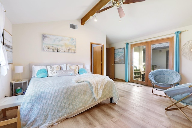 bedroom featuring ceiling fan, access to exterior, light hardwood / wood-style floors, lofted ceiling with beams, and french doors