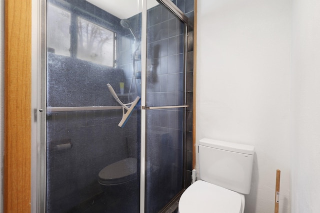 bathroom featuring toilet and a shower with door