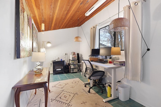 tiled office space with wooden ceiling and lofted ceiling