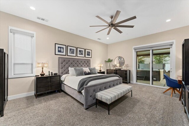 bedroom with ceiling fan, access to exterior, and carpet