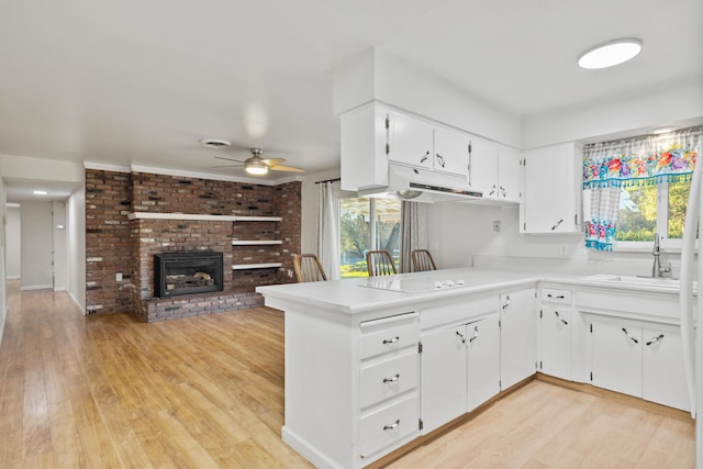 kitchen featuring white cabinets, kitchen peninsula, electric cooktop, a fireplace, and sink