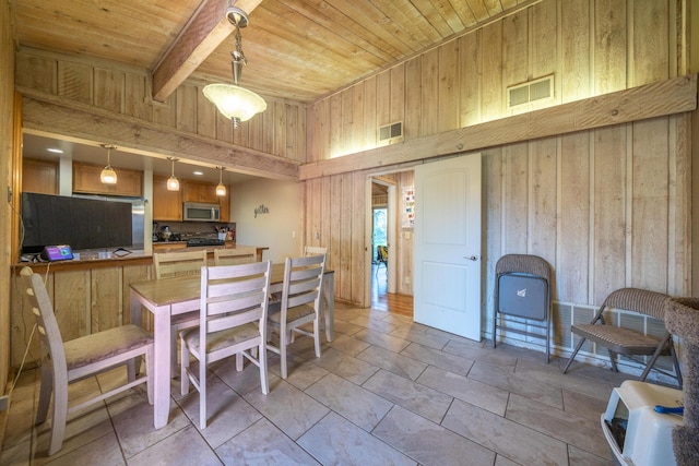 dining area with beam ceiling, wooden walls, and wood ceiling