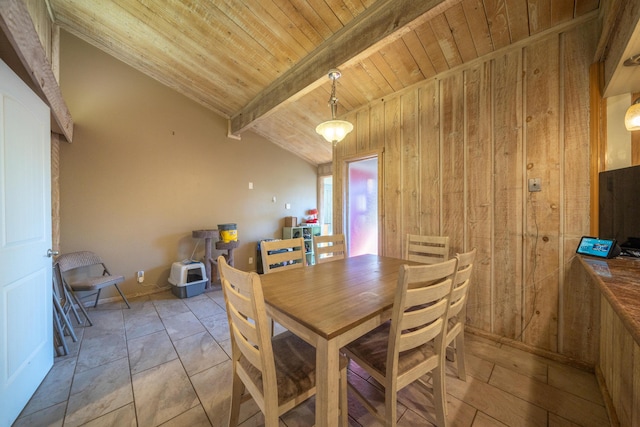 tiled dining room with wood walls, wooden ceiling, and beamed ceiling